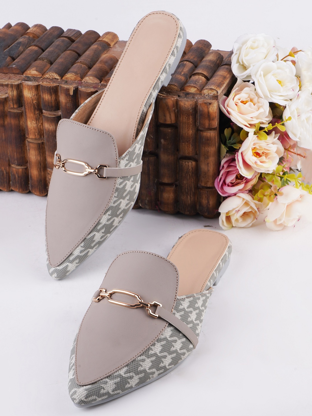 

Try Me Printed Buckle Detail Pointed Toe Mules, Grey