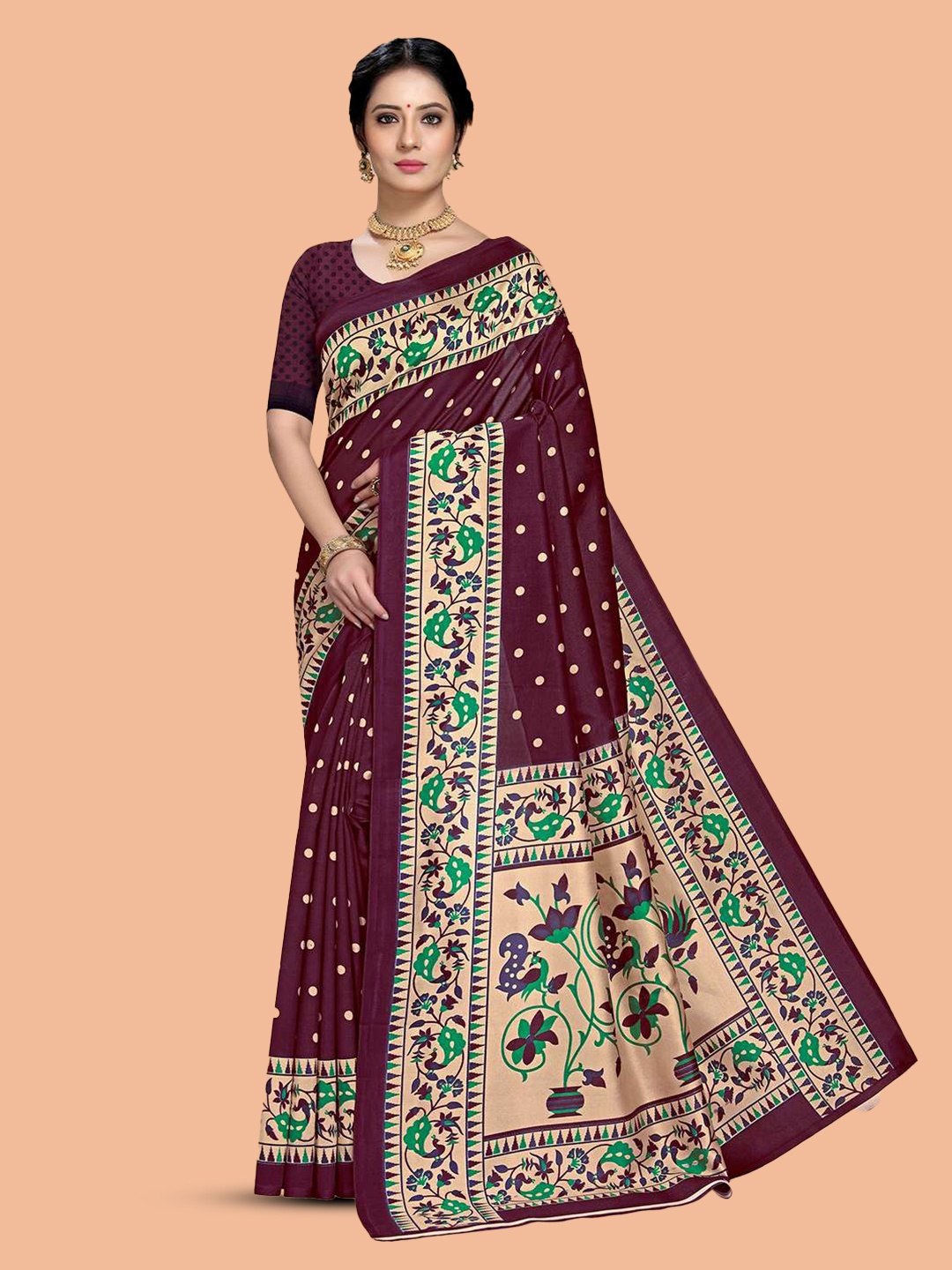 

Mitera Purple & Beige Floral Printed Art Silk Saree