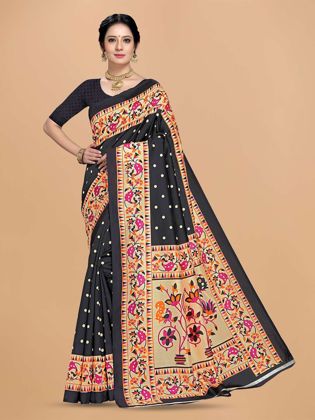 

Mitera Black Polka Dots Printed Art Silk Designer Saree