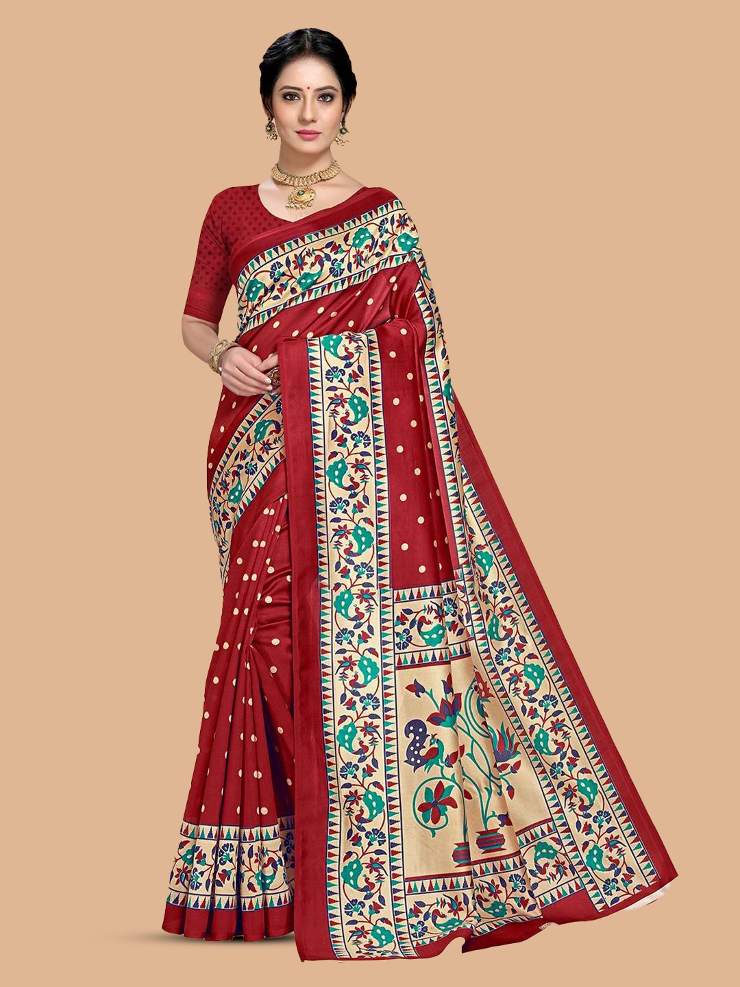 

Mitera Maroon Polka Dots Printed Saree