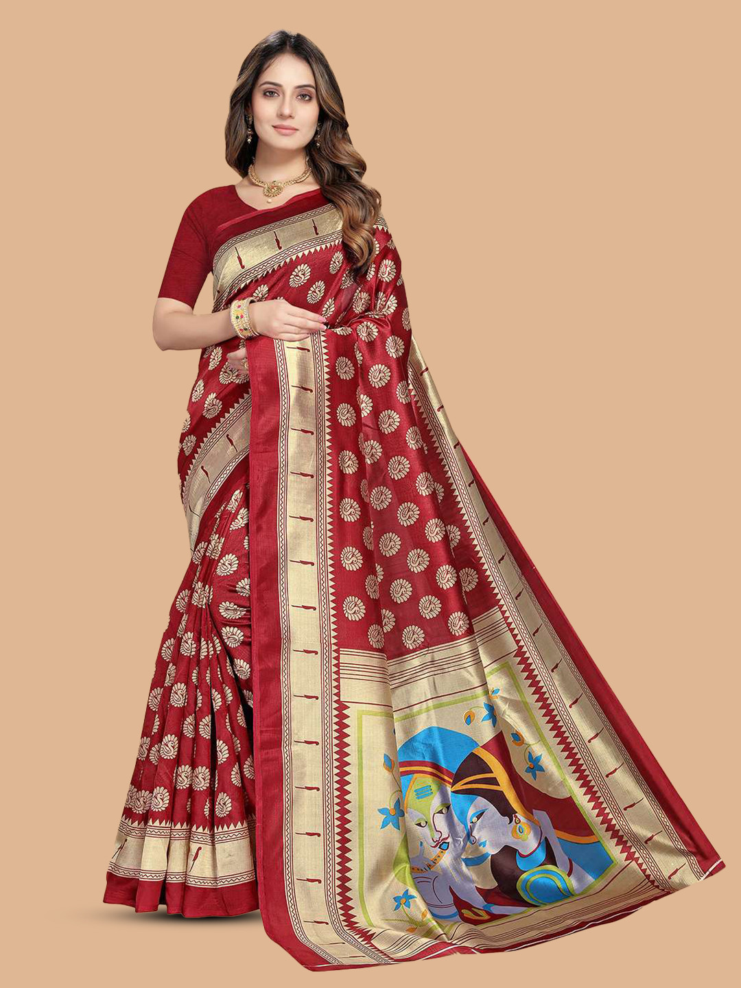 

Mitera Ethnic Motifs Printed Saree, Maroon