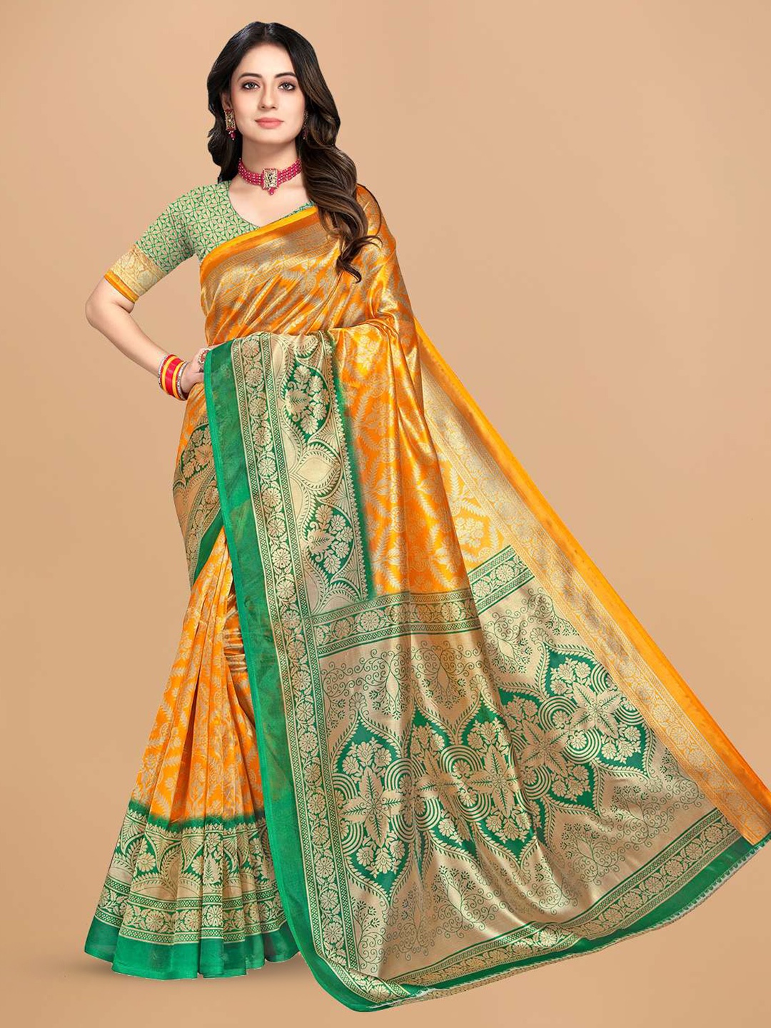 

Mitera Yellow & Green Floral Woven Design Zari Art Silk Saree
