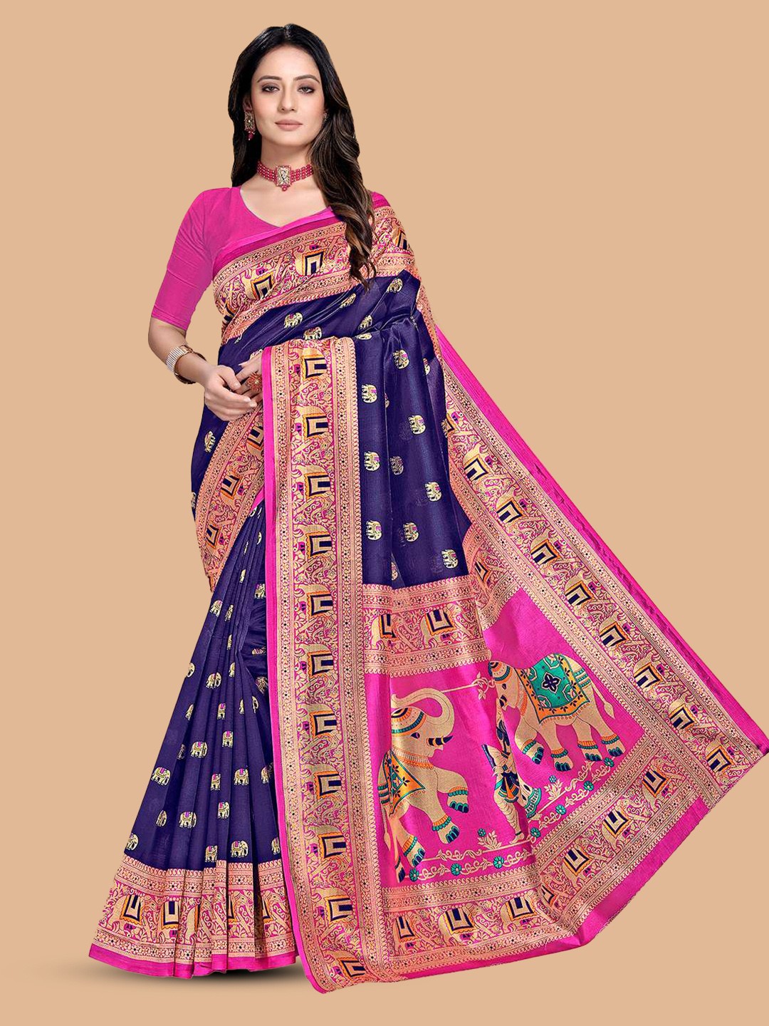 

Mitera Floral Printed Saree, Navy blue