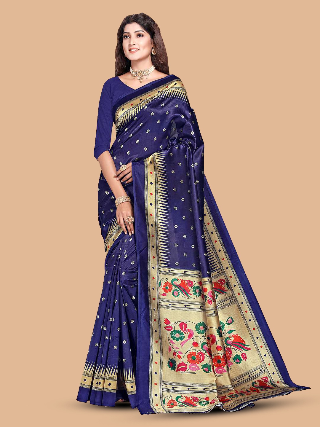 Mitera Ethni Motifs Printed Saree, Navy blue