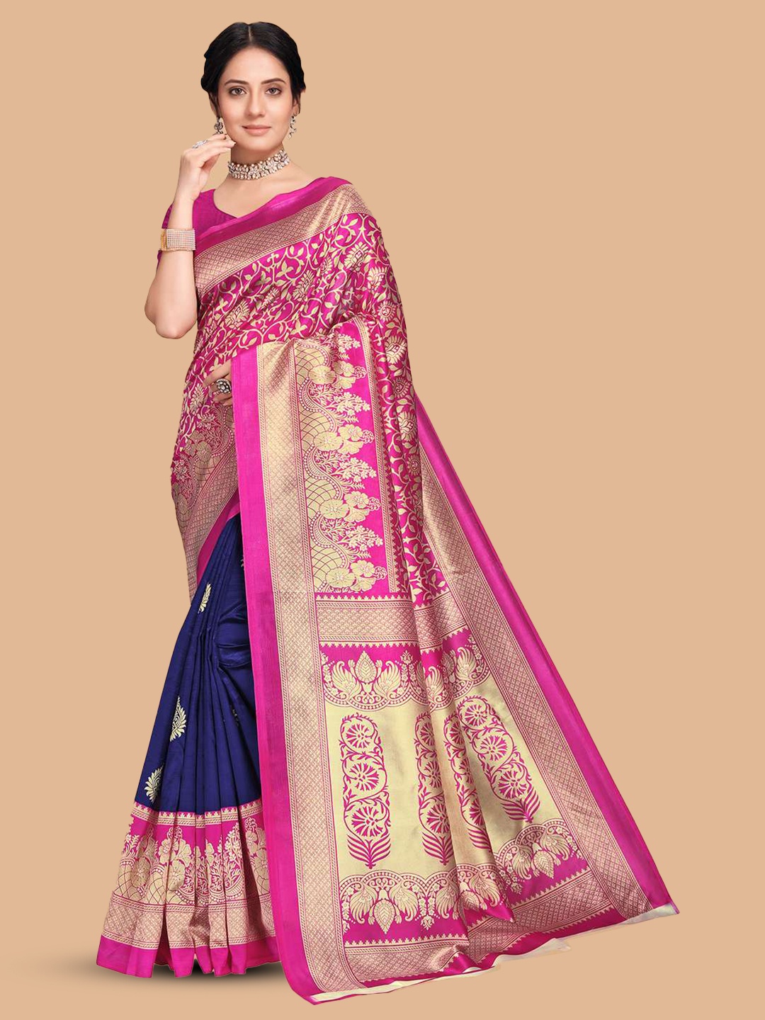 

Mitera Pink & Navy Blue Floral Woven Design Zari Art Silk Saree