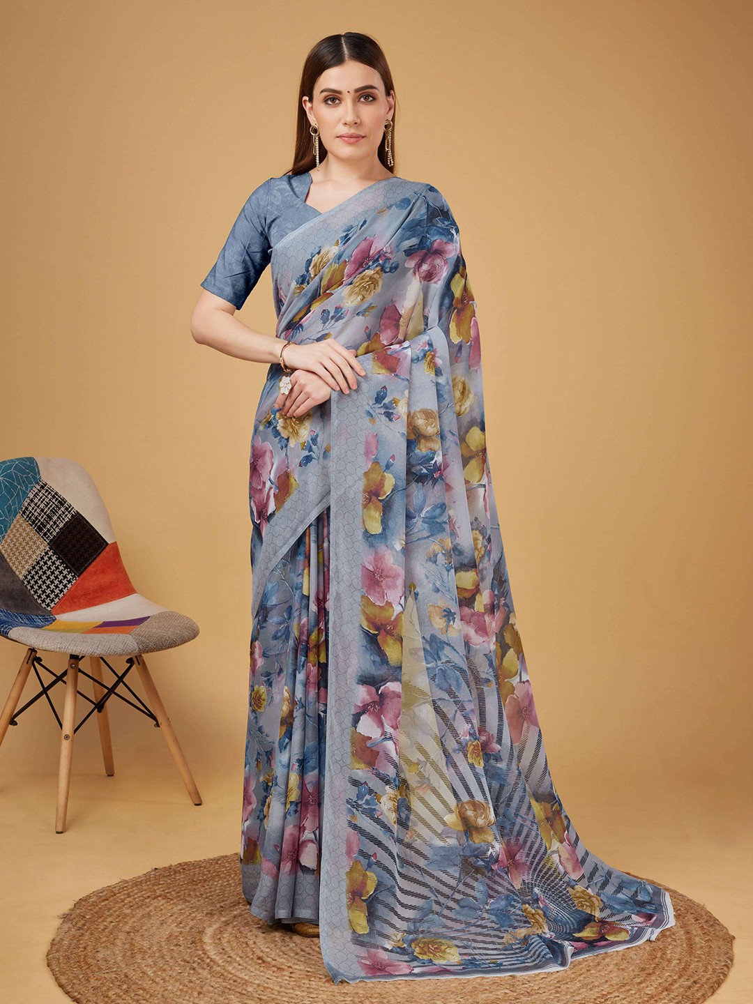 

Mitera Blue Floral Printed Pure Georgette Saree