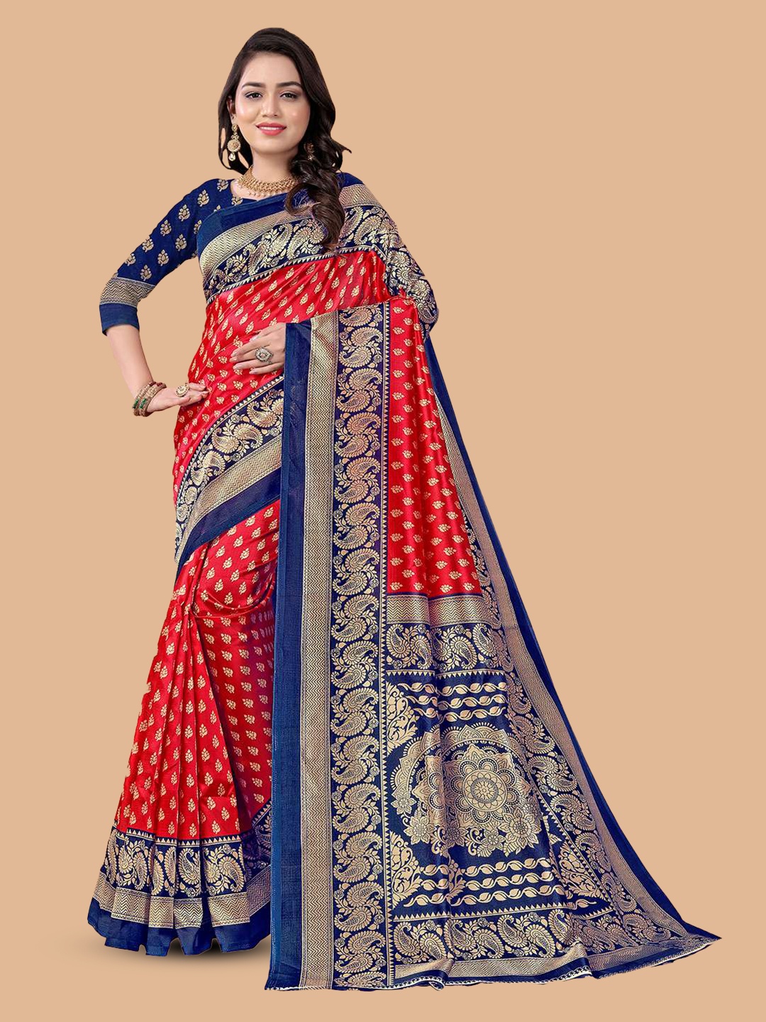 

Mitera Geometric Printed Saree, Red