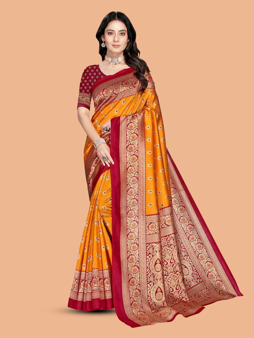 

Mitera Mustard Floral Printed Art Silk Designer Saree