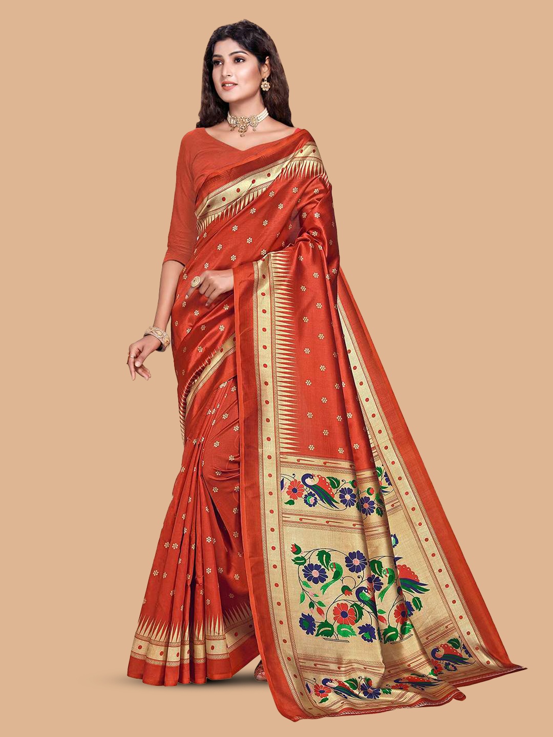 

Mitera Orange Floral Printed Saree