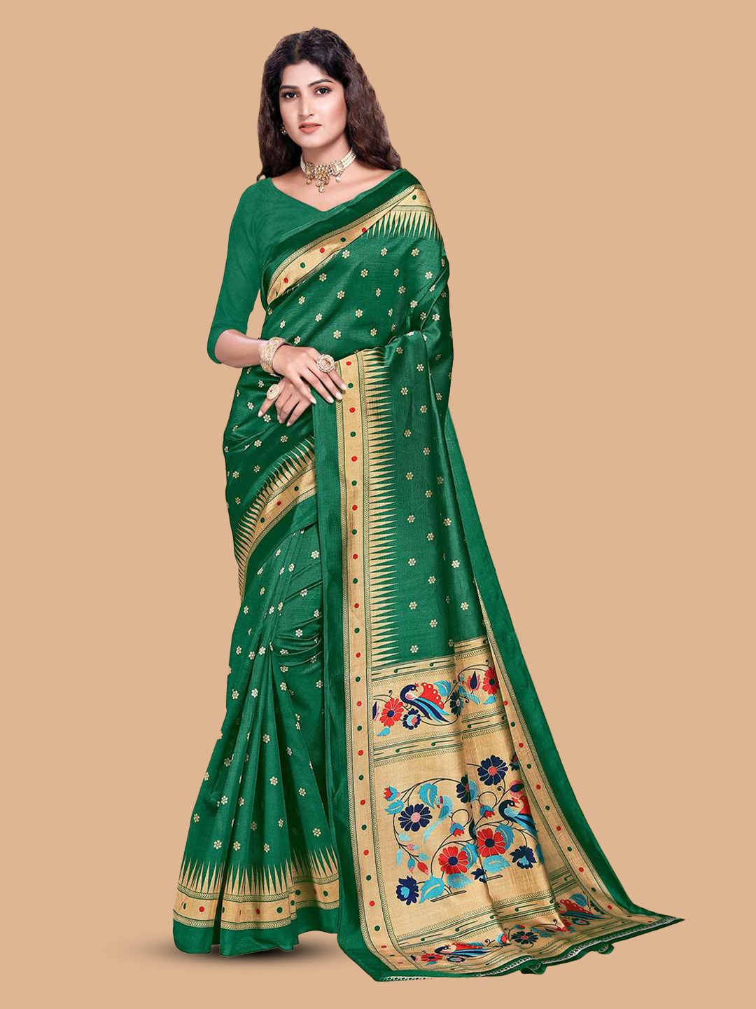 

Mitera Green & Gold-Toned Floral Printed Art Silk Saree