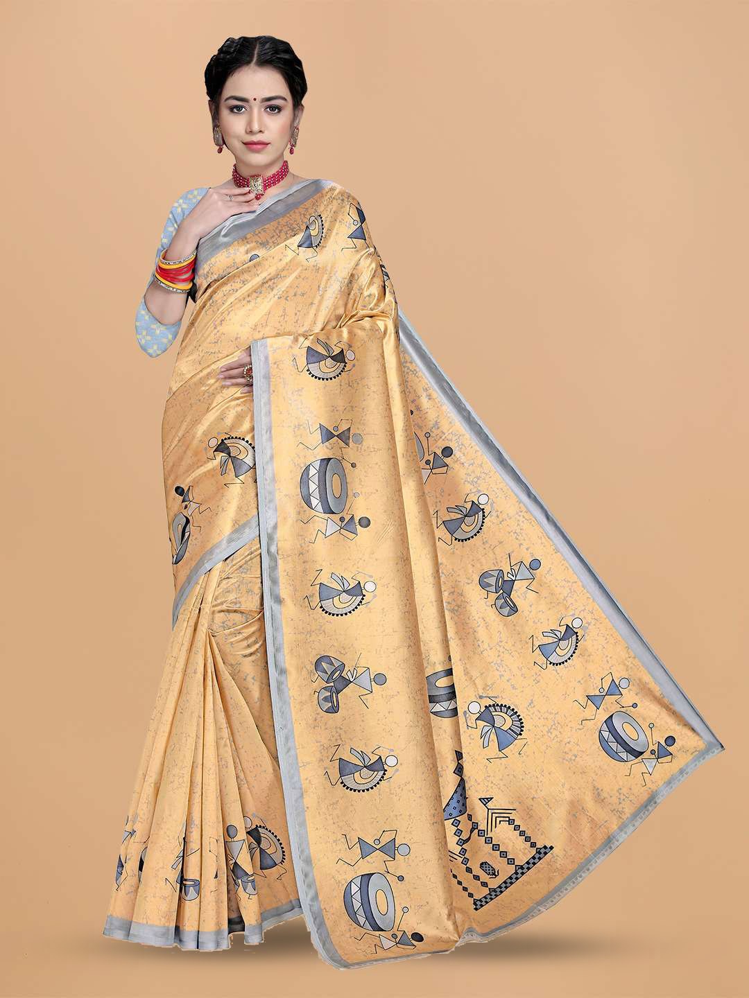Mitera Yellow & Grey Warli Printed Saree