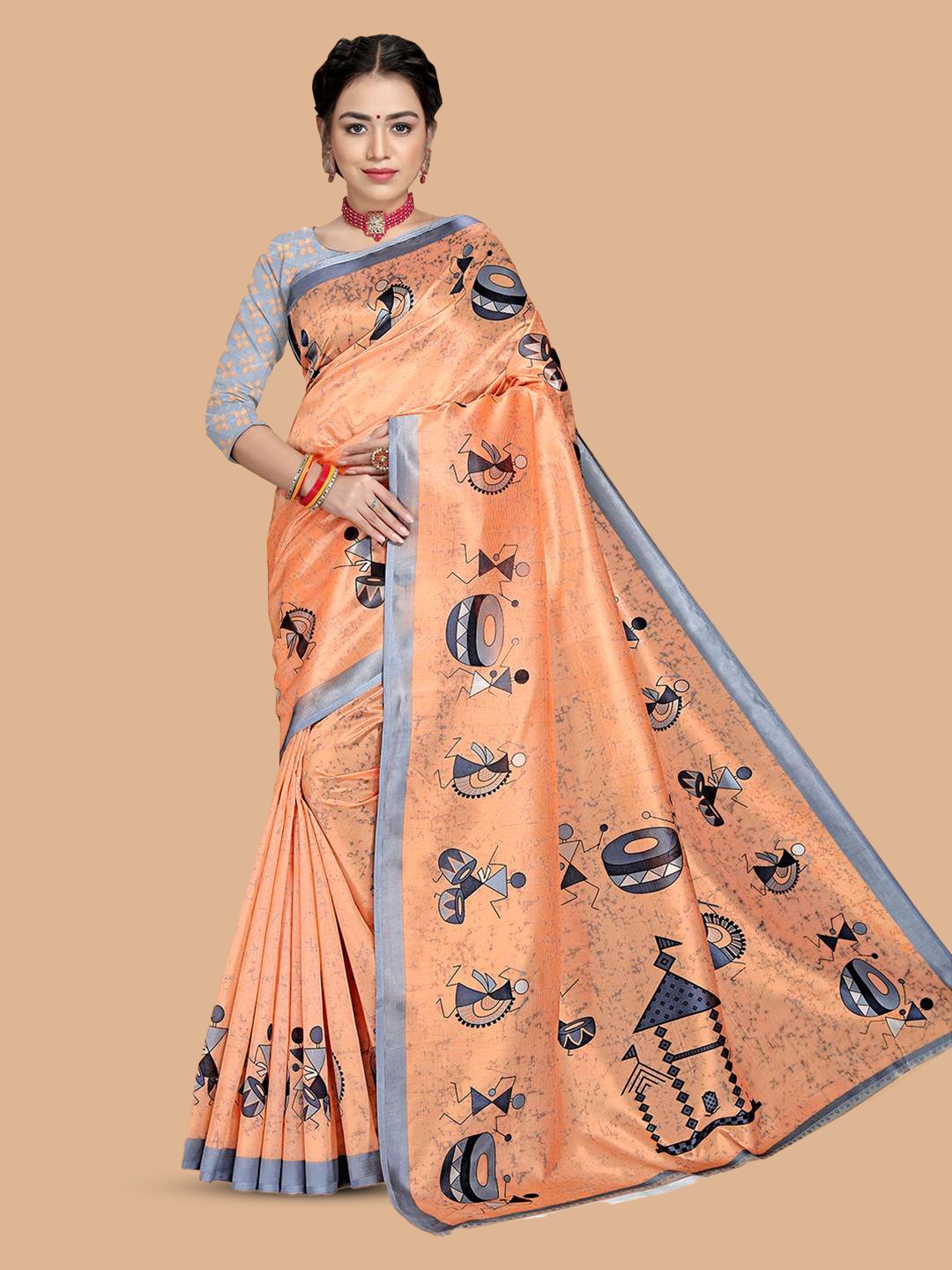 

Mitera Orange Warli Printed Art Silk Saree