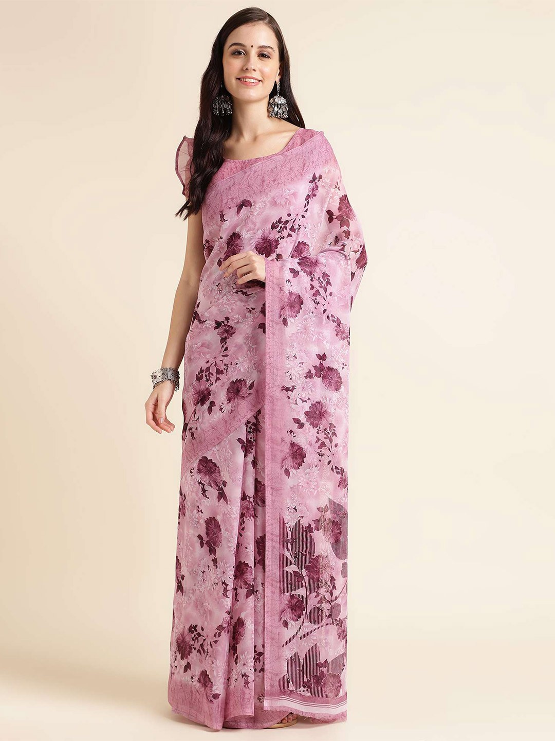 

Mitera Pink Floral Prnted Pure Georgette Saree