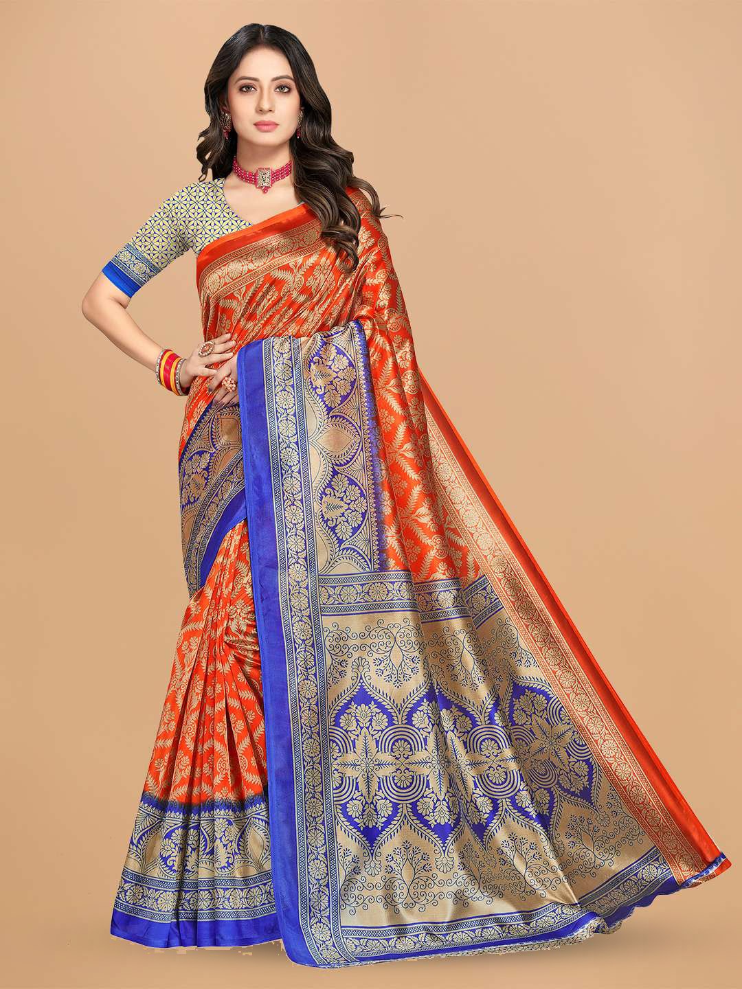 Mitera Orange Ethnic Motifs Woven Design Saree