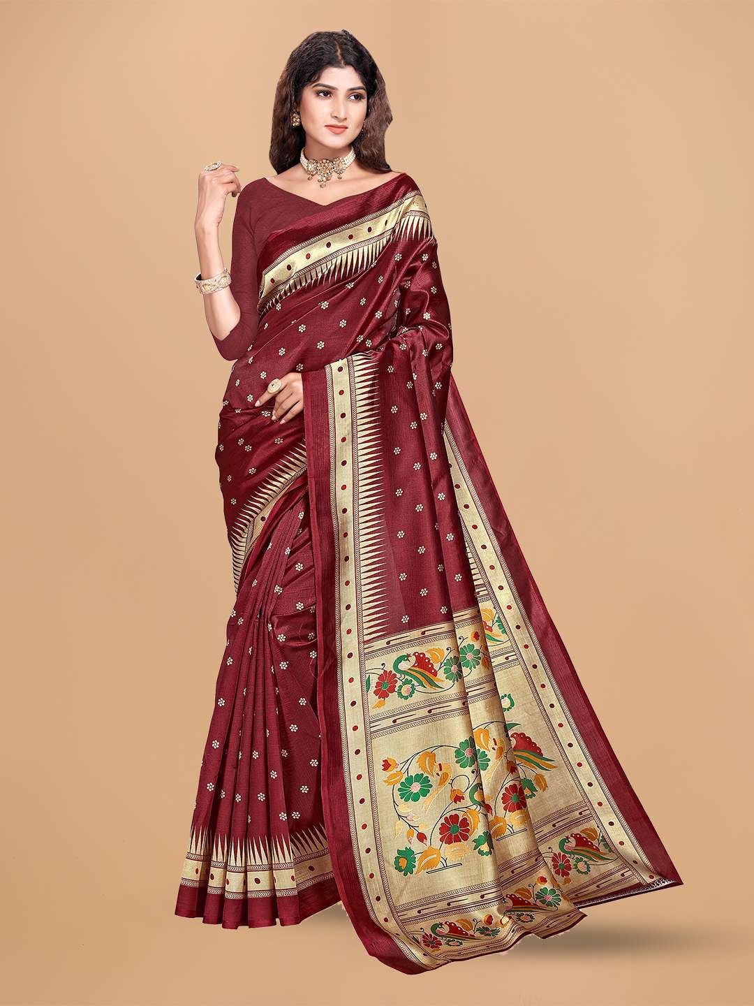 

Mitera Maroon Floral Woven Design Saree