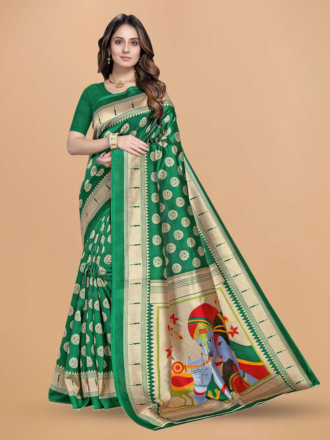 

Mitera Green Floral Printed Art Silk Saree