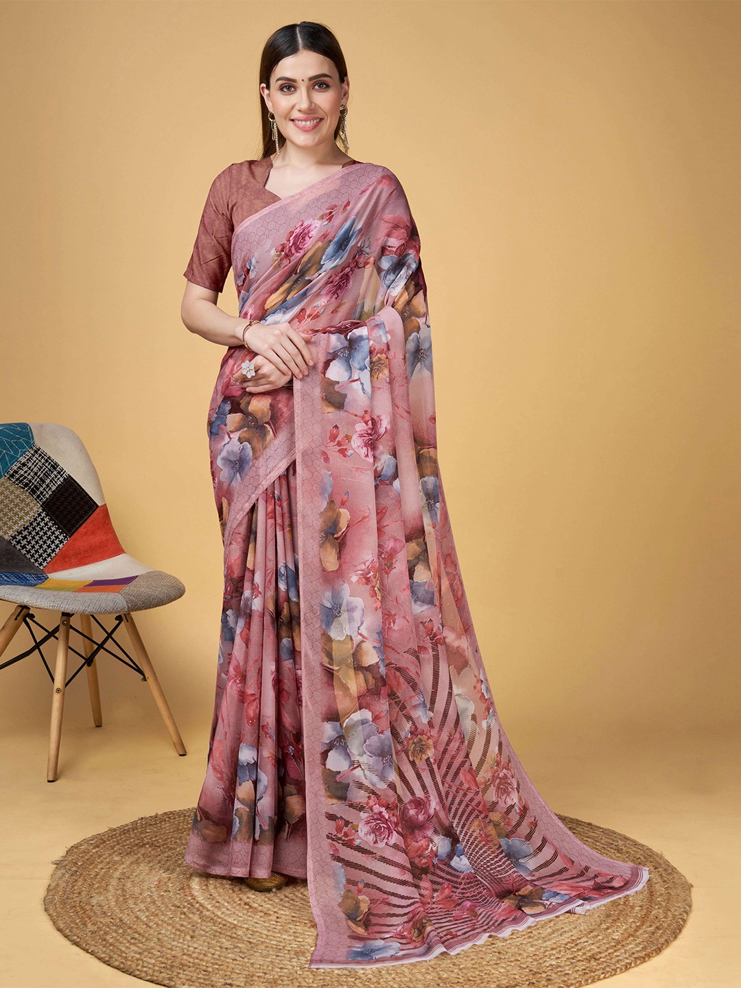 

Mitera Brown Floral Printed Pure Georgette Saree