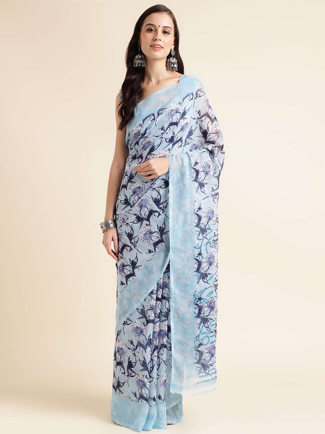 

Mitera Floral Printed Pure Georgette Saree, Blue