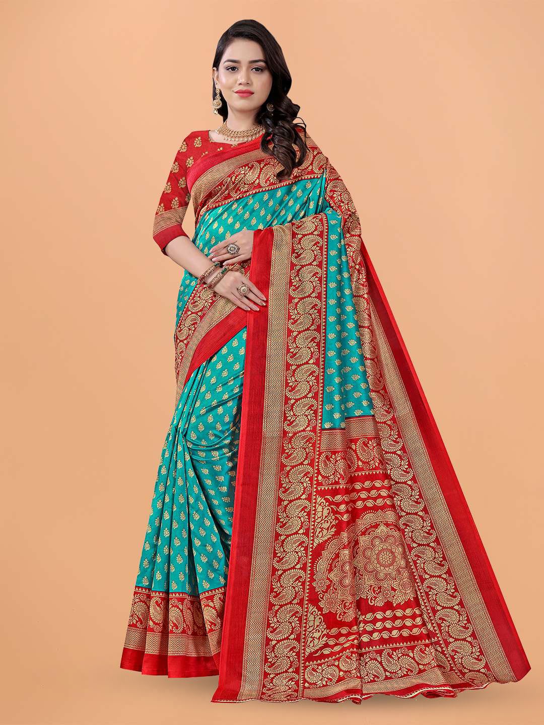 

Mitera Teal Ethnic Motifs Printed Saree