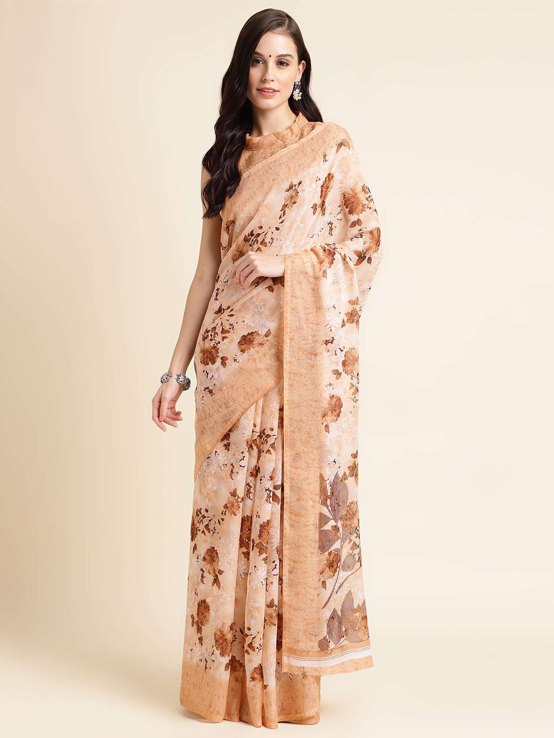 

Mitera Orange Floral Printed Pure Georgette Saree
