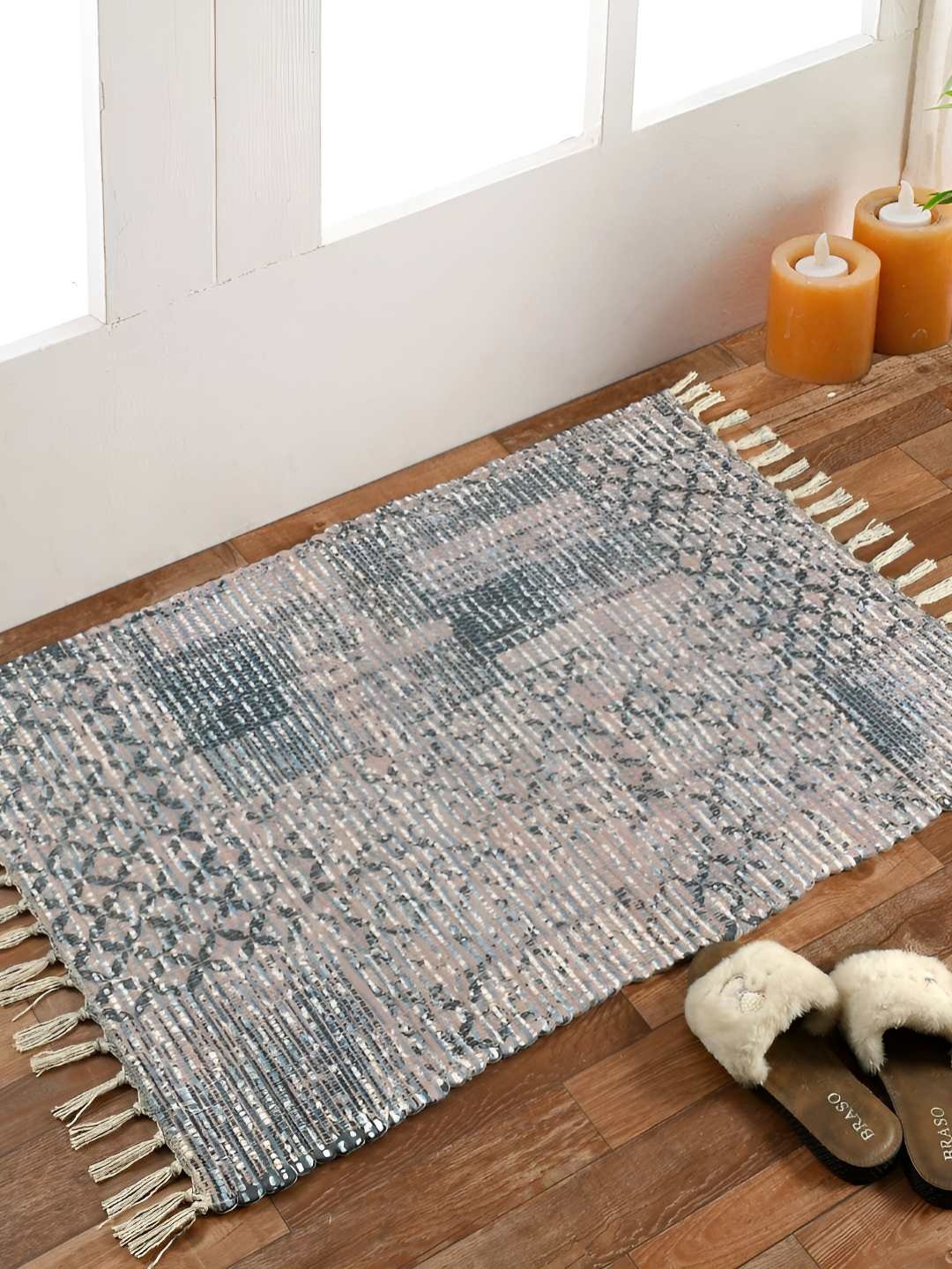 

HOMADORN Brown & Blue Rectangular Printed Floor Dhurries, Beige