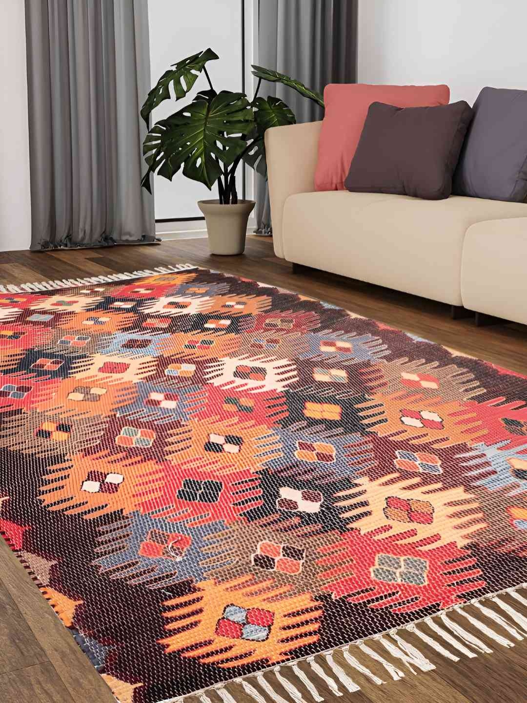 

HOMADORN Orange Rectangular Printed Floor Dhurries