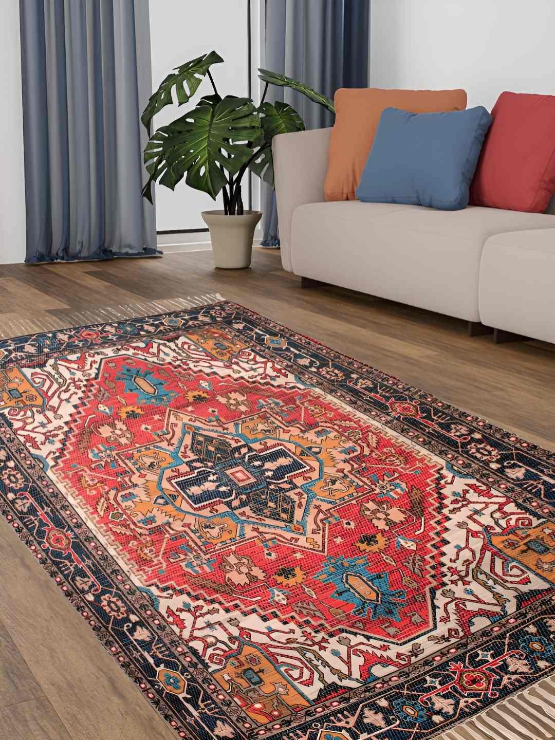 

HOMADORN Orange& Blue Rectangular Ethnic Motifs Floor Dhurries