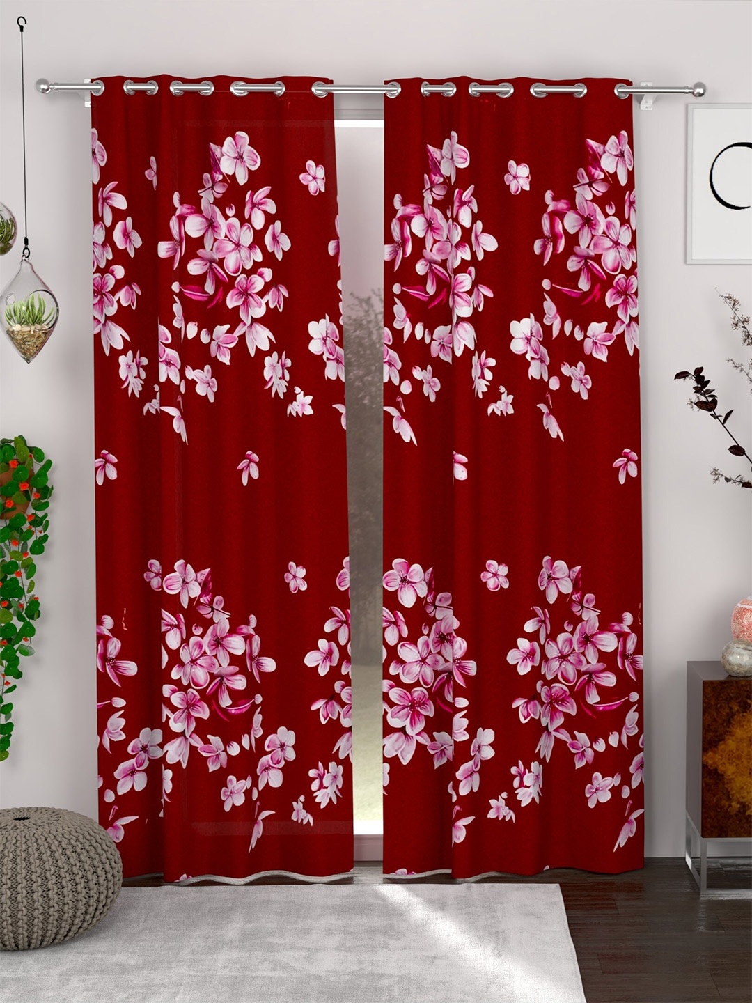 

CG HOMES Red 2 Pieces Floral Print Door Curtain