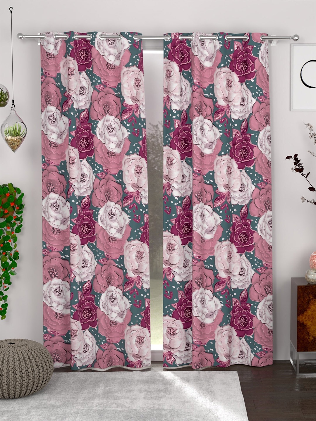 

CG HOMES Peach 2 Pieces Floral Print Door Curtain