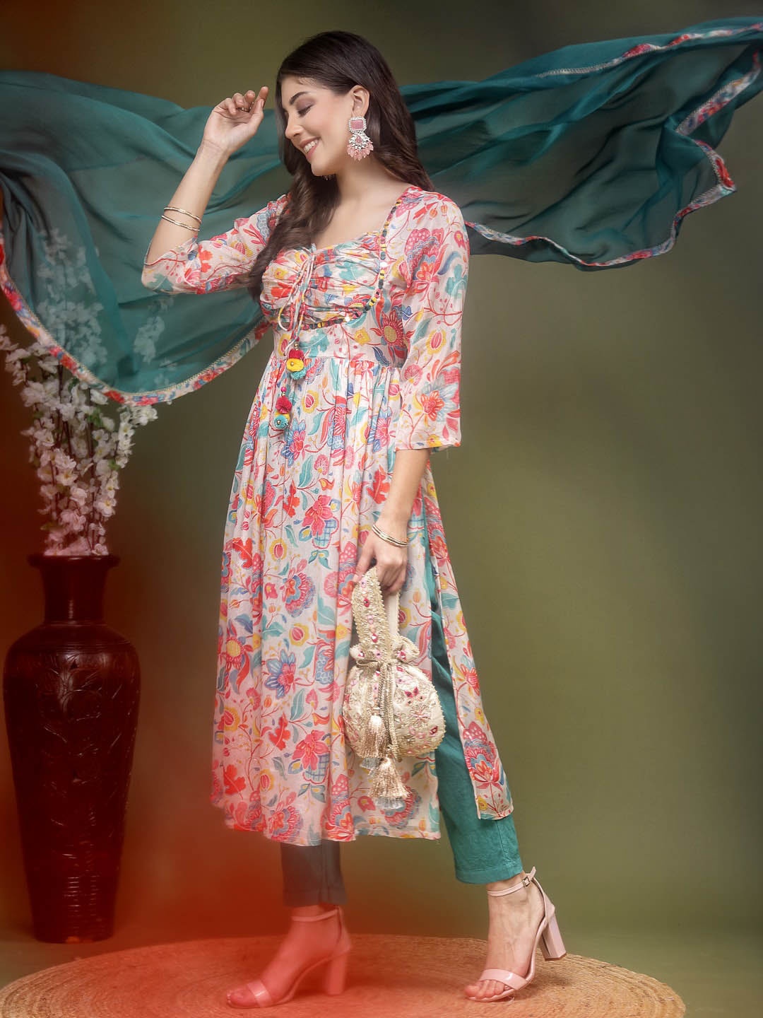 

Sangria Floral Printed Mirror Work A Line Kurta With Trousers & Dupatta, Pink