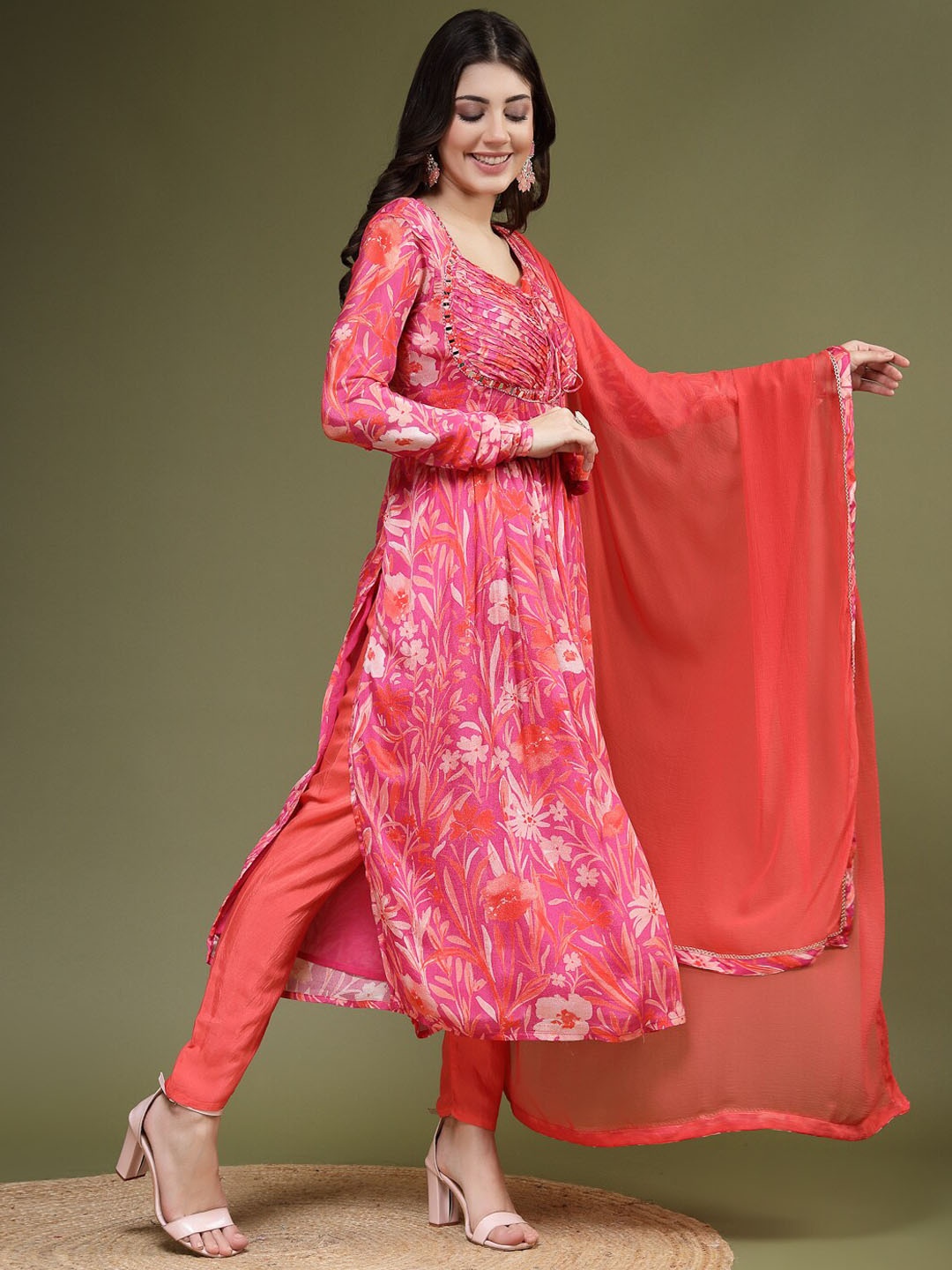 

Sangria Floral Printed Mirror Work A Line Kurta With Trousers & Dupatta, Pink