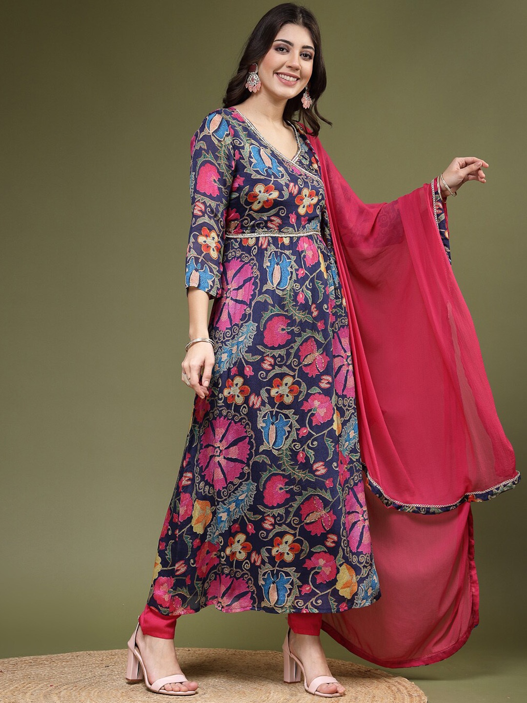 

Sangria Floral Printed Angrakha Sequinned Anarkali Kurta With Trousers & Dupatta, Blue