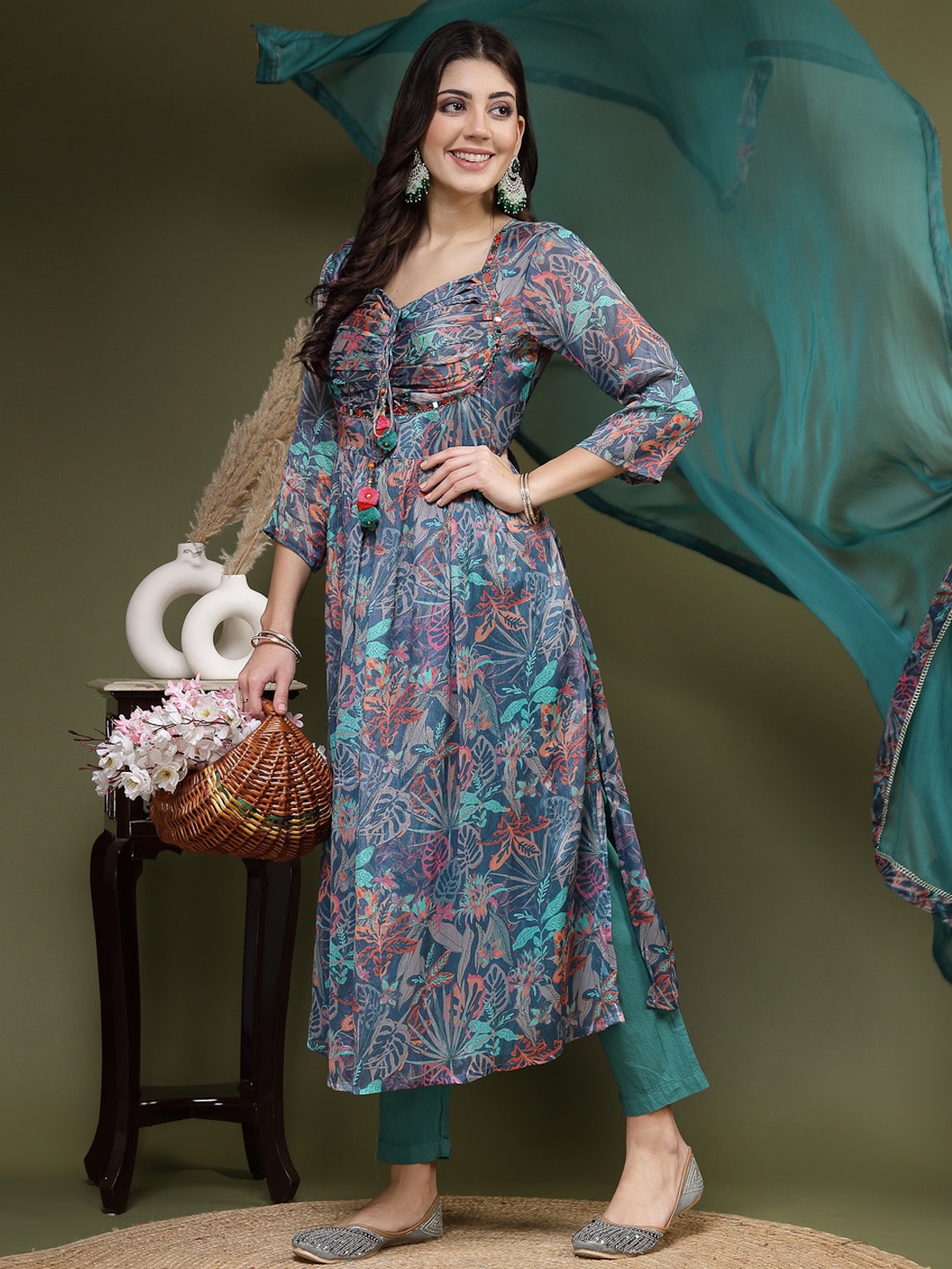 

Sangria Floral Printed Mirror Work A Line Kurta With Trousers & Dupatta, Blue