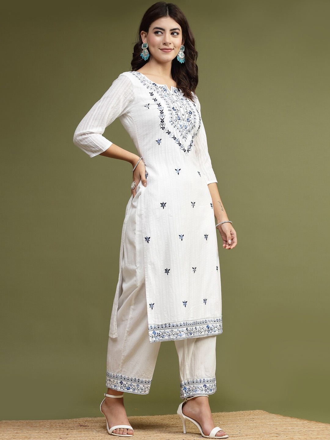 

Sangria Embroidered Pure Cotton Kurta With Palazzos, White