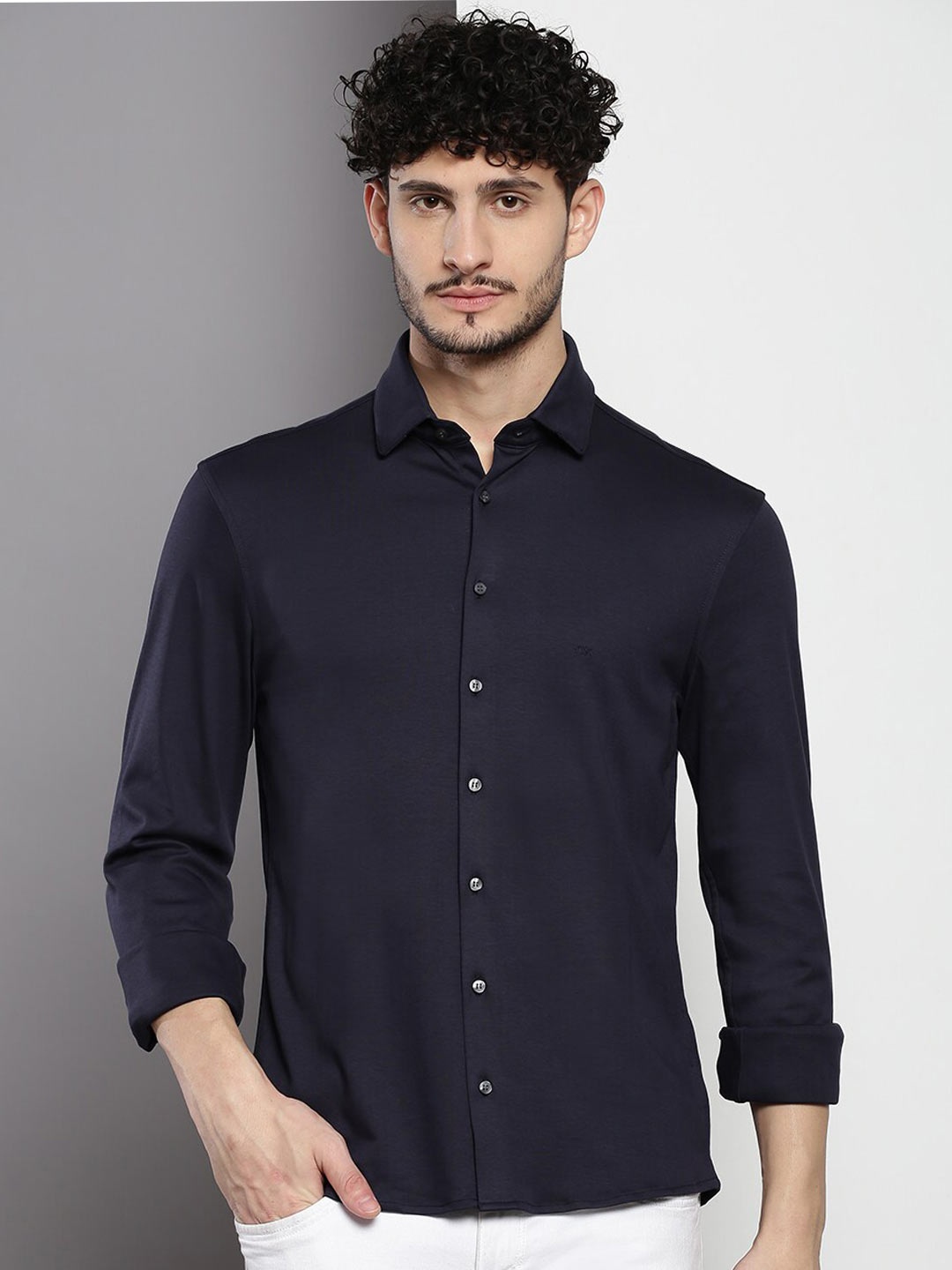 

Calvin Klein Jeans Slim Fit Spread Collar Long Sleeves Casual Pure Cotton Shirt, Navy blue