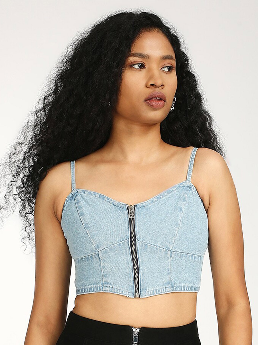 

TARAMA Cotton Denim Fitted Pure Cotton Crop Top, Blue