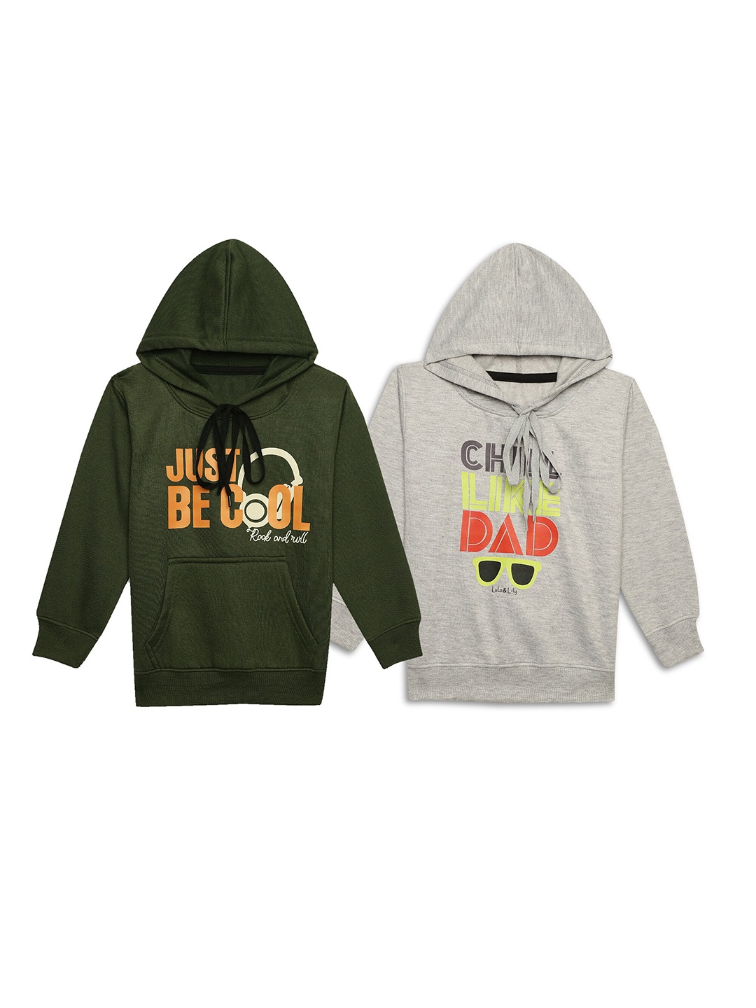 

MACK JONNEY Kids Pack Of 2 Typography Printed Hooded Cotton Fleece Pullover Sweatshirts, Olive