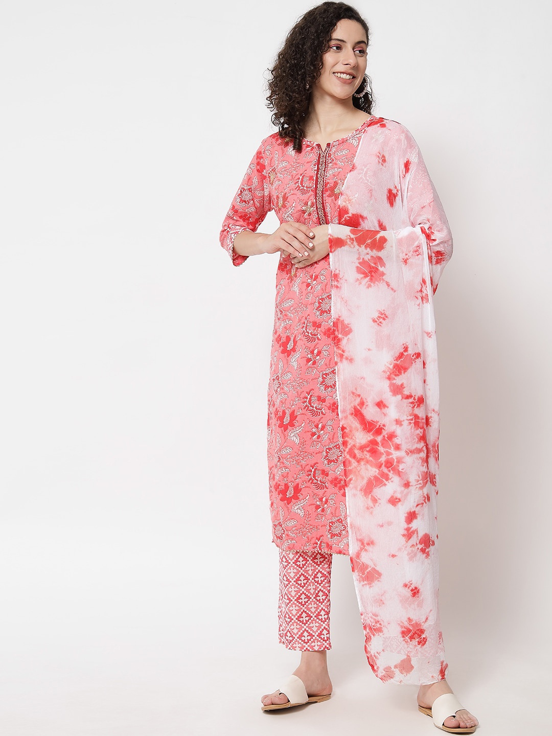KALINI Floral Printed Gotta Patti Pure Cotton Straight Kurta & Trouser With Dupatta, Red