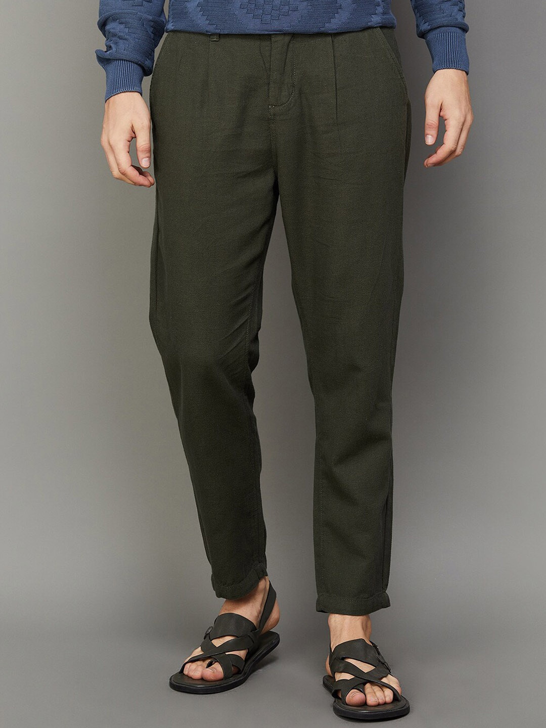 

Melange by Lifestyle Men Mid-Rise Cotton Pleated Trousers, Olive
