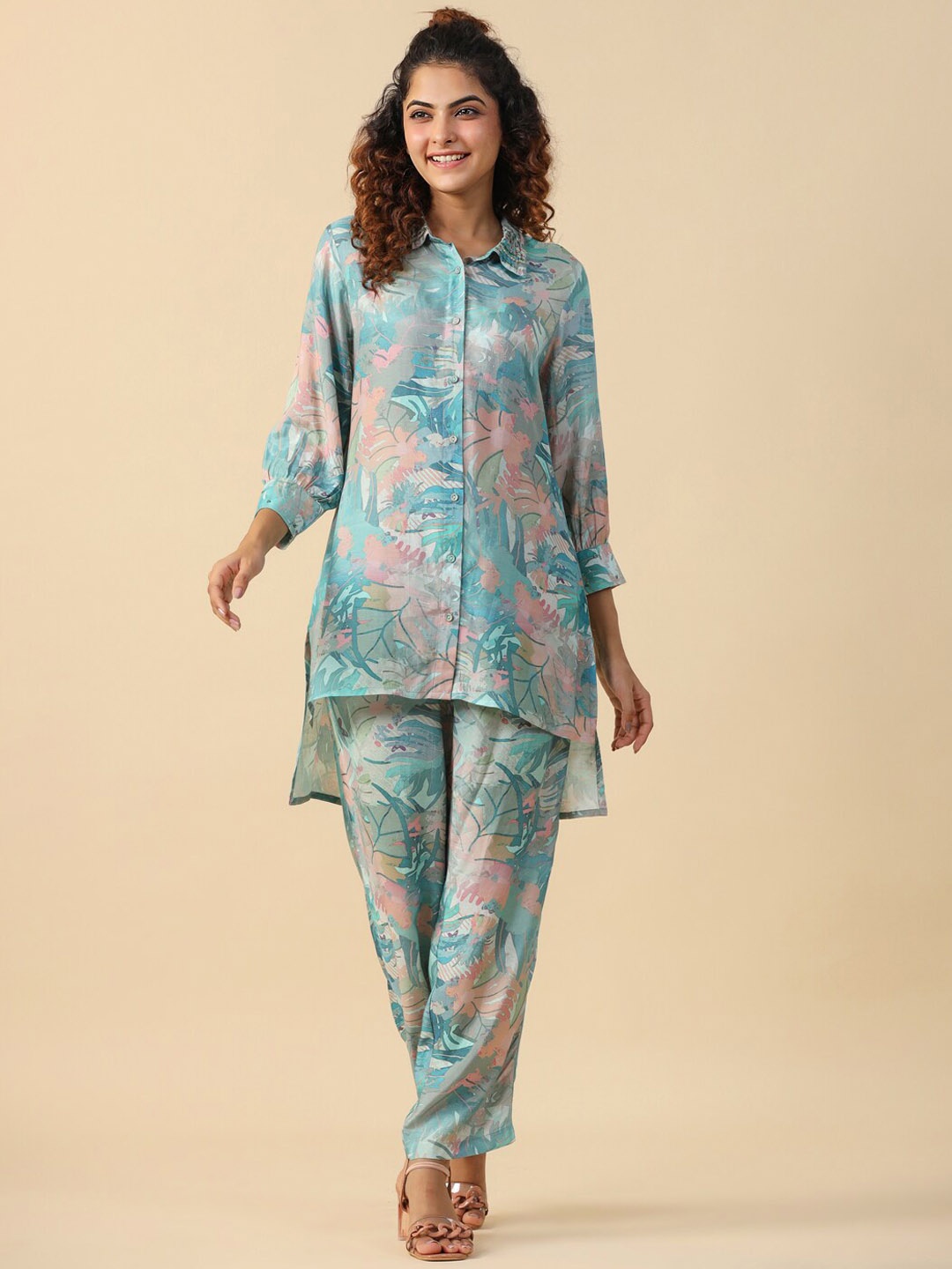 

Sangria Floral Printed Shirt Collar Co-Ords, Turquoise blue