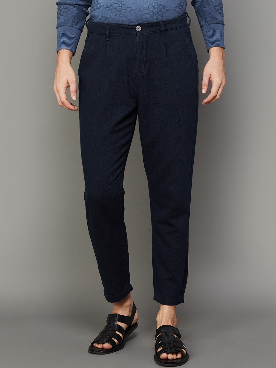 

Melange by Lifestyle Men Tapered Fit Mid-Rise Flat-Front Cotton Trousers, Blue