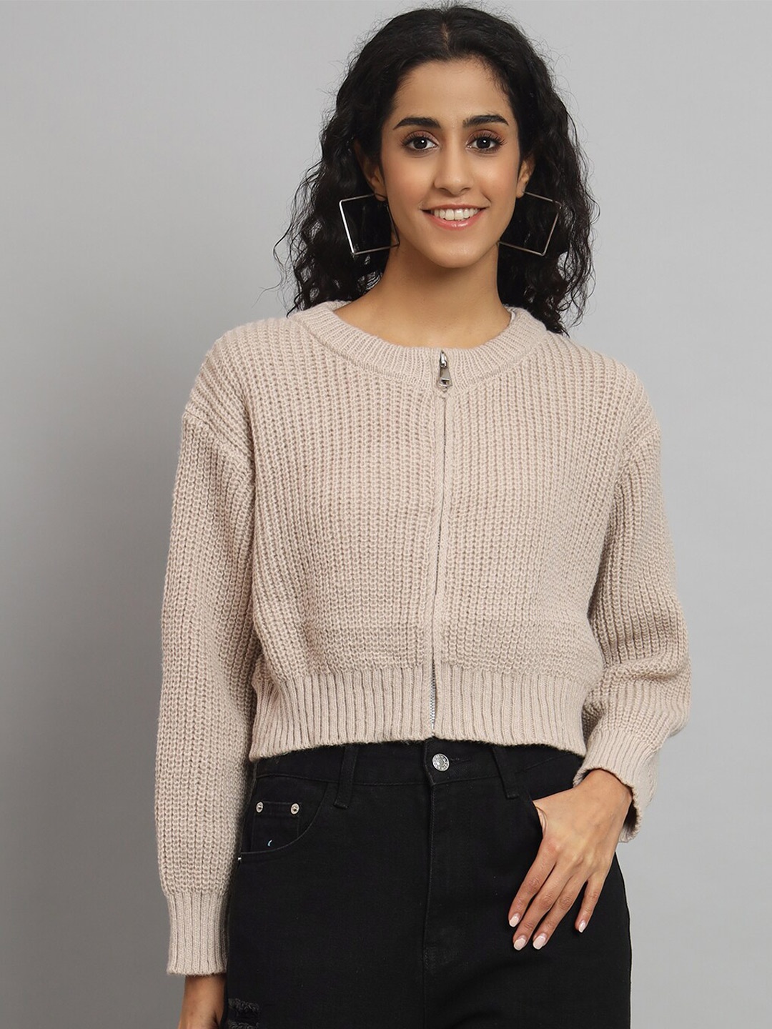 

Chemistry Self Design Woollen Crop Front-Open Sweater, Beige