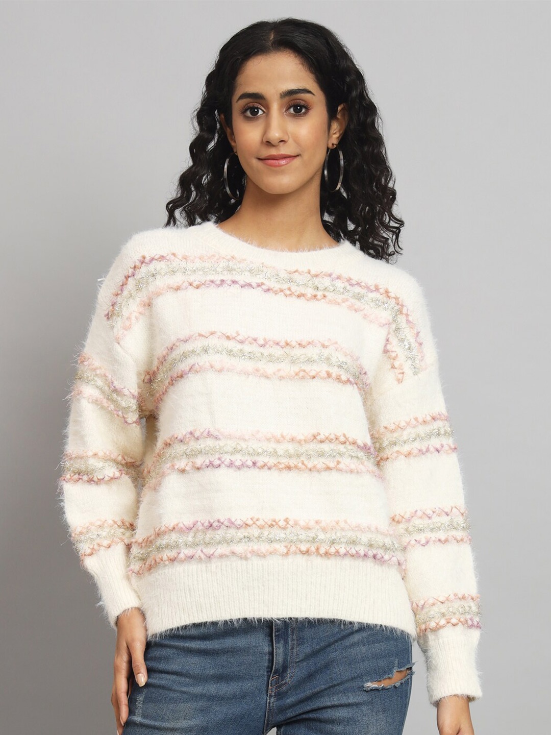 

Chemistry Striped V-Neck Woollen Pullover, White