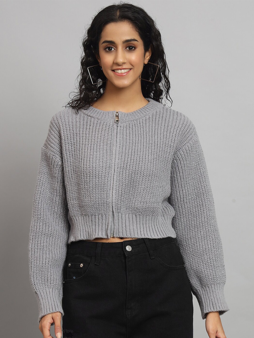 

Chemistry Round Neck Woolen Front-Open Sweater, Grey