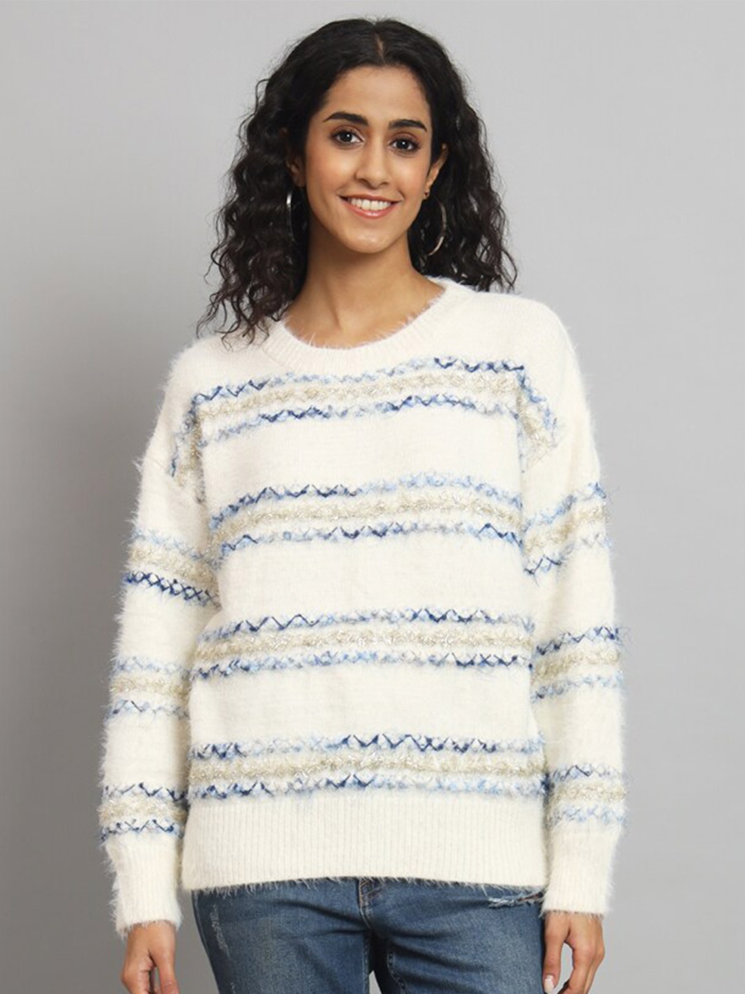 

Chemistry Striped Round Neck Woollen Sweater, White