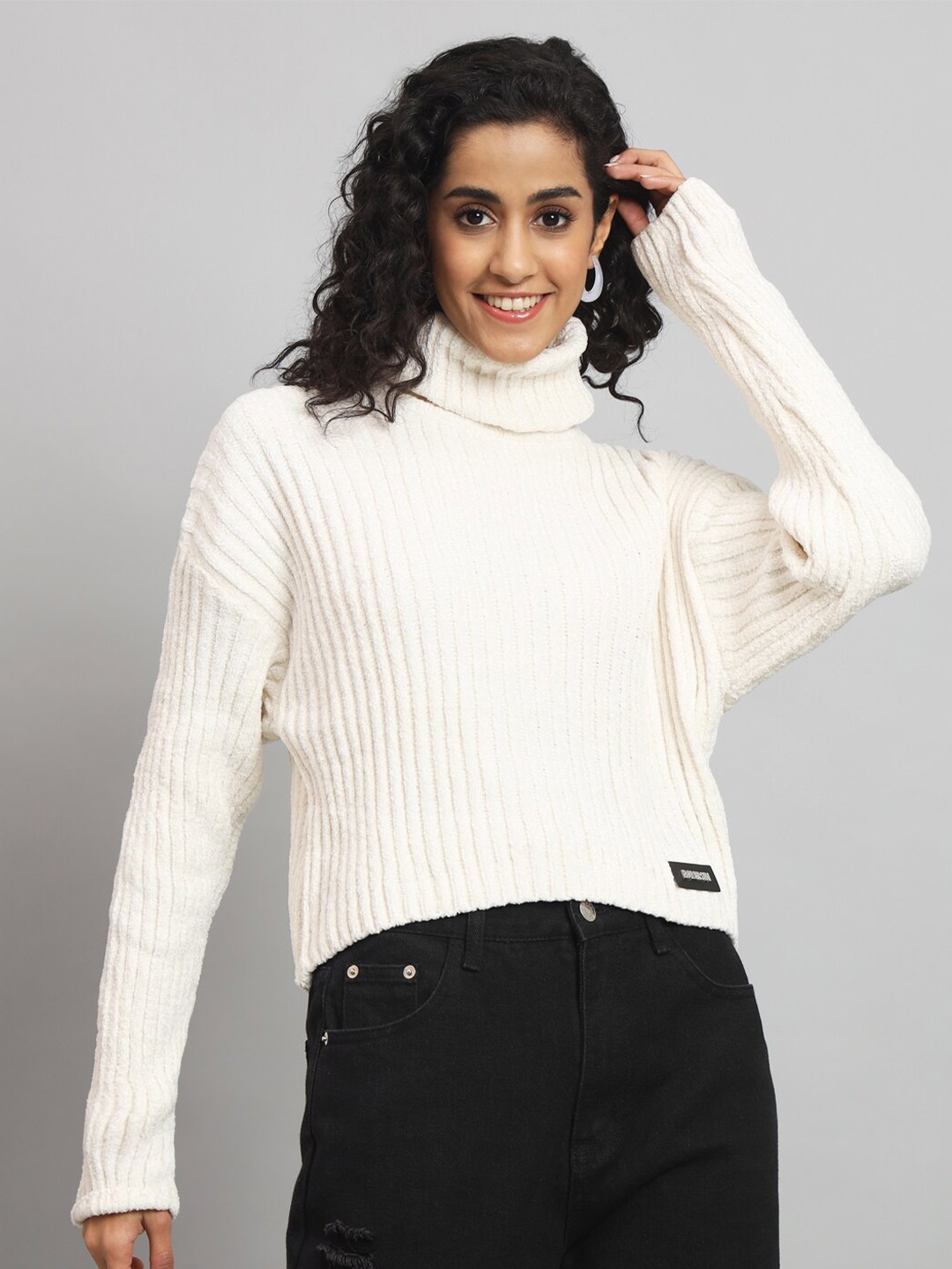 

Chemistry Turtle Neck Striped Woolen Pullover Sweater, White