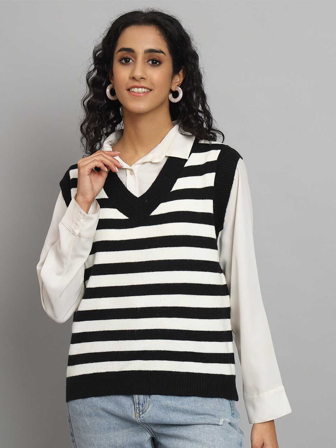 

Chemistry Striped V-Neck Woollen Sweater Vest, Black
