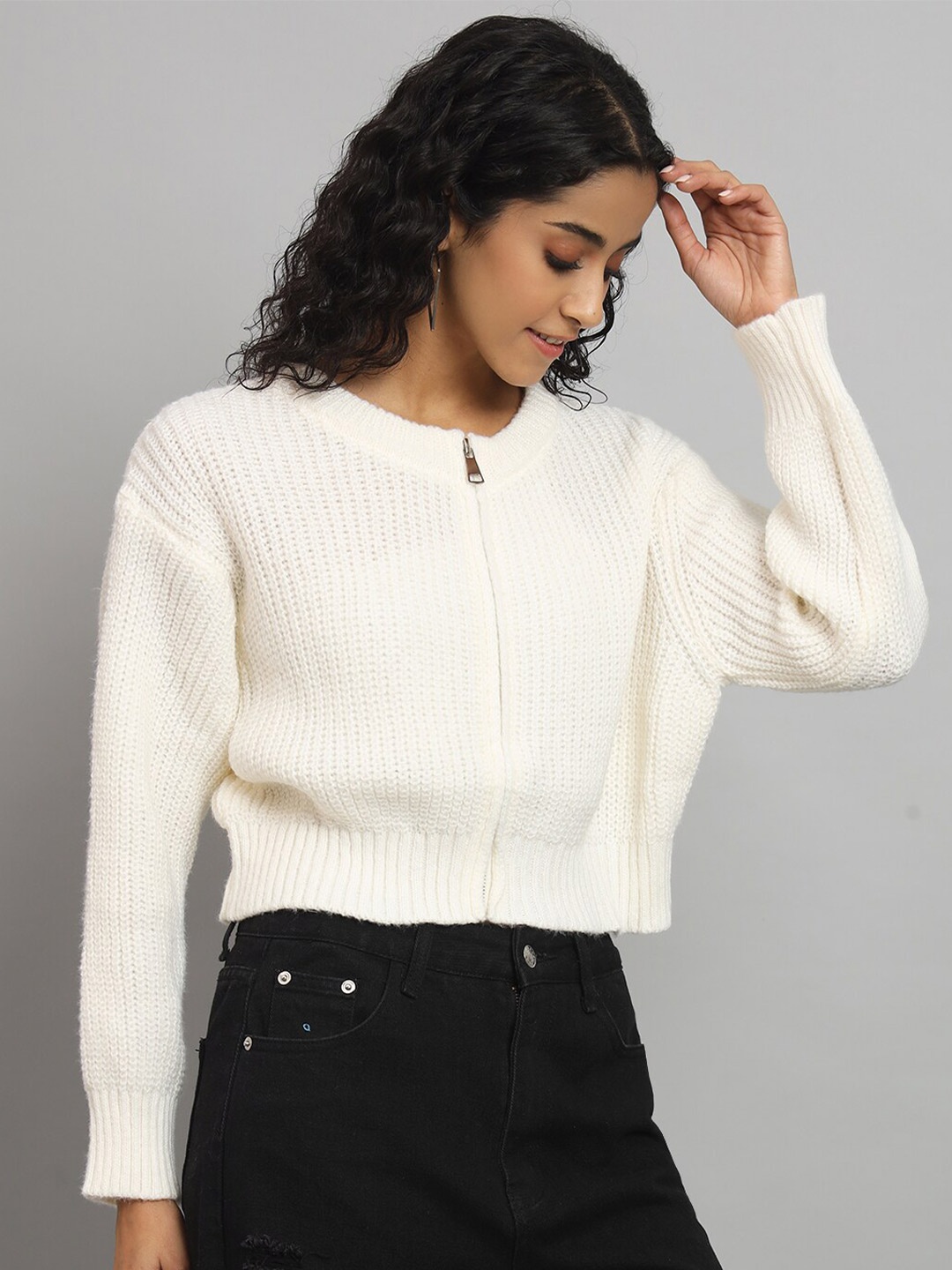 

Chemistry Self Design Woollen Front-Open Crop Sweater, Cream