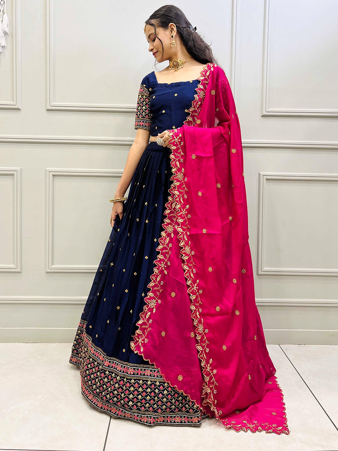 

Fabcartz Embroidered Semi-Stitched Lehenga & Unstitched Blouse With Dupatta, Navy blue