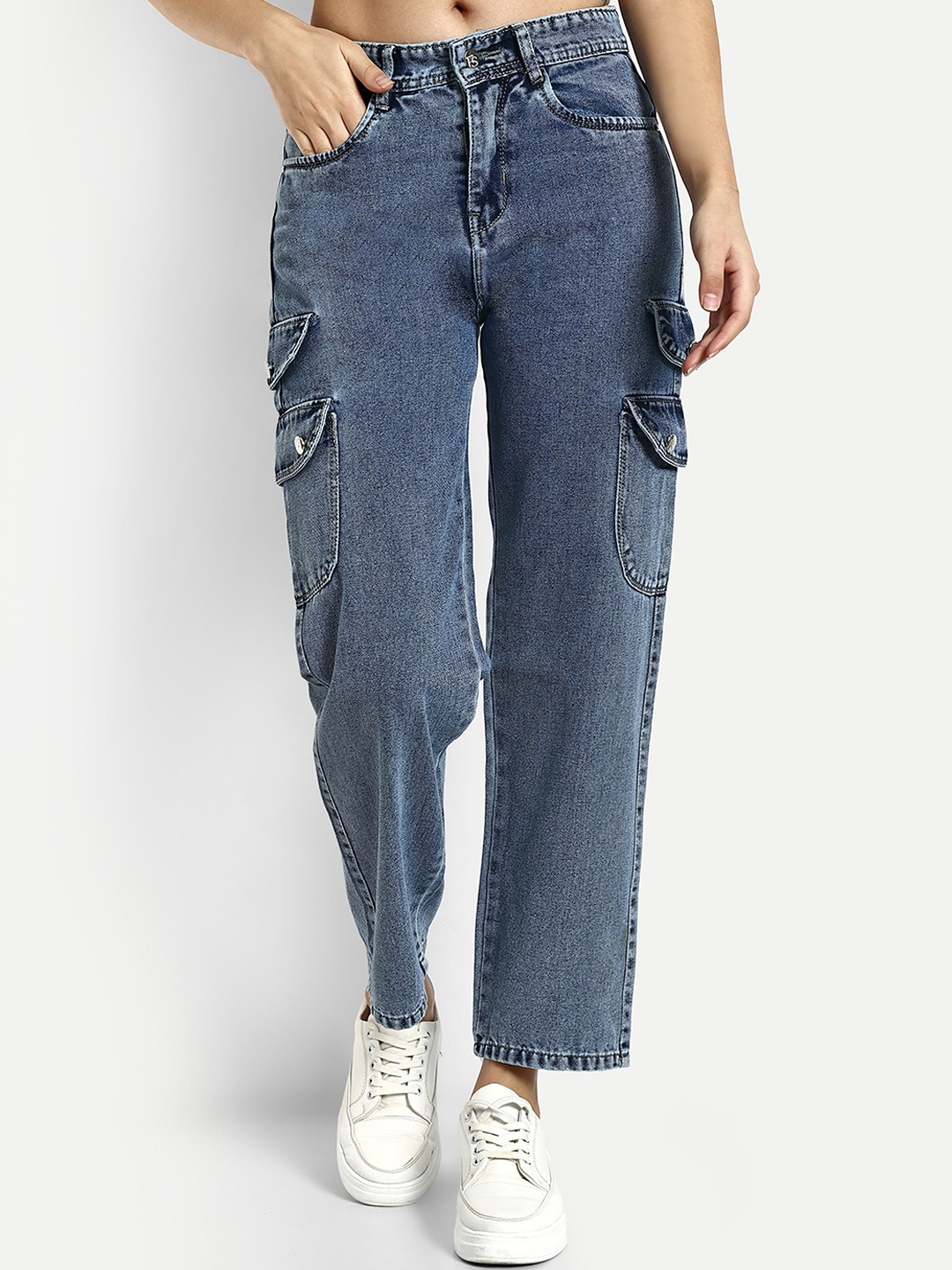 

Next One Women Smart Wide Leg High Rise Clean Look Cotton Cargo Jeans, Blue
